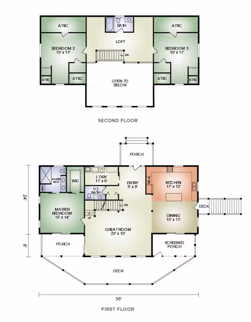 A detailed floor plan of a two-story house featuring the first floor with a great room, kitchen, dining area, and porches. The second floor includes three bedrooms and a loft. Dimensions are provided for each room.