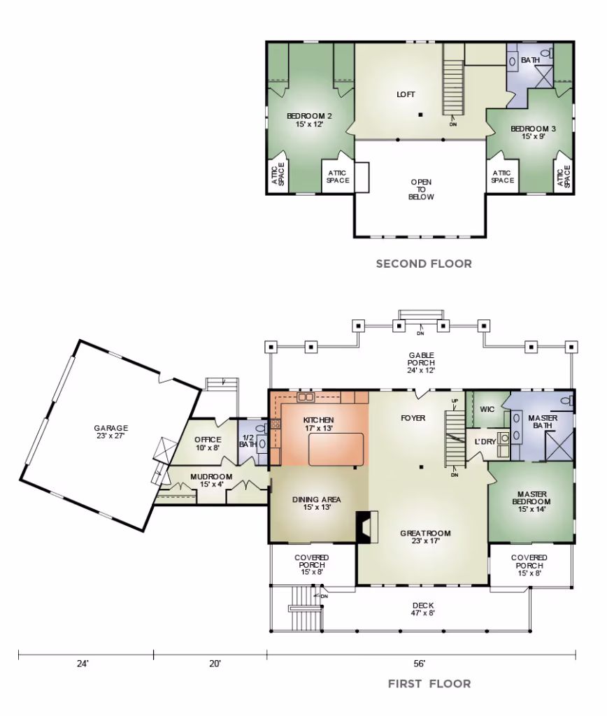 A floor plan of a two-story house showing the layout of rooms including a garage, office, kitchen, dining area, and bedrooms. The second floor features a loft and three bedrooms. Room dimensions are labeled for clarity.
