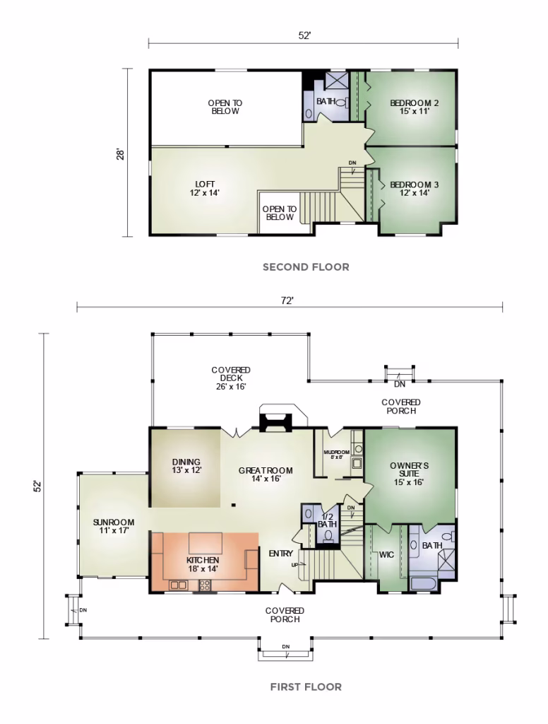 A floor plan layout showing two levels of a house. The second floor features a loft and three bedrooms, while the first floor includes an entry, kitchen, great room, dining area, and sunroom. Dimensions are noted for each area.