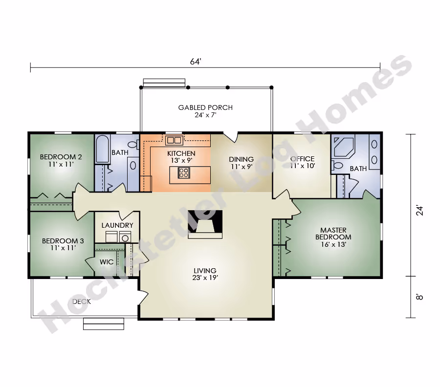 A floor plan of a house layout, featuring rooms labeled including a kitchen, dining area, living room, bedrooms, office, and bathrooms. Dimensions of the rooms are noted, showcasing spatial arrangement.