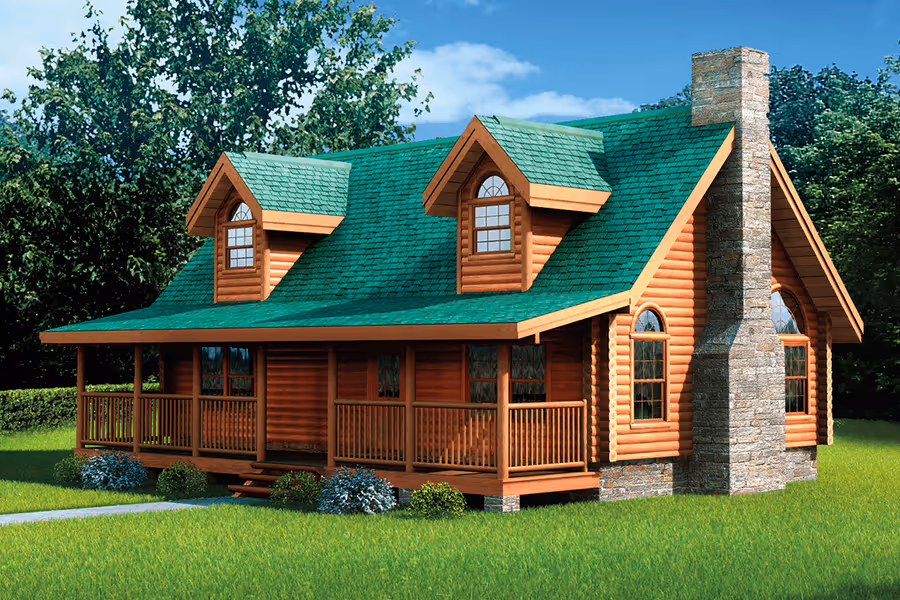 A rustic wooden house with a green roof and large front porch, surrounded by a lush green lawn and trees in the background. The house features multiple gables and a stone chimney, showcasing a charming, cozy aesthetic.