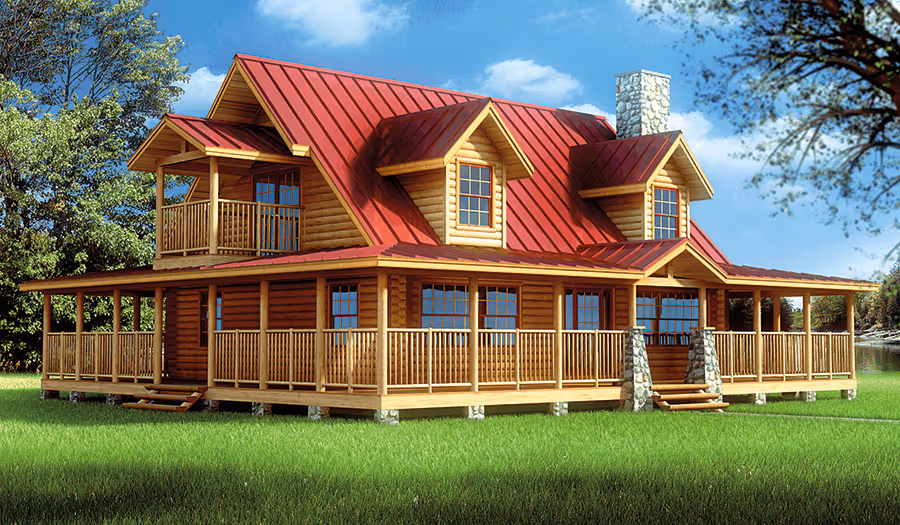 A charming wooden house with a distinctive red roof, featuring a spacious veranda and large windows, surrounded by lush green grass and trees. The architecture blends rustic and modern elements, creating a cozy atmosphere.