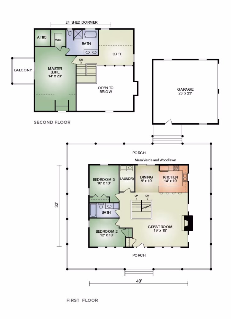 A floor plan illustration featuring a two-story house design. The second floor includes two bedrooms, a loft, and an attic, while the first floor showcases three bedrooms, a dining room, great room, kitchen, and porches. Attached garage noted.