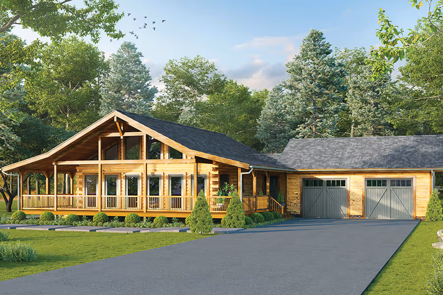 A beautifully designed log cabin with a spacious front porch, surrounded by lush green lawns and tall trees. The cabin features a sloped roof and large windows, creating a welcoming atmosphere in a serene natural setting.