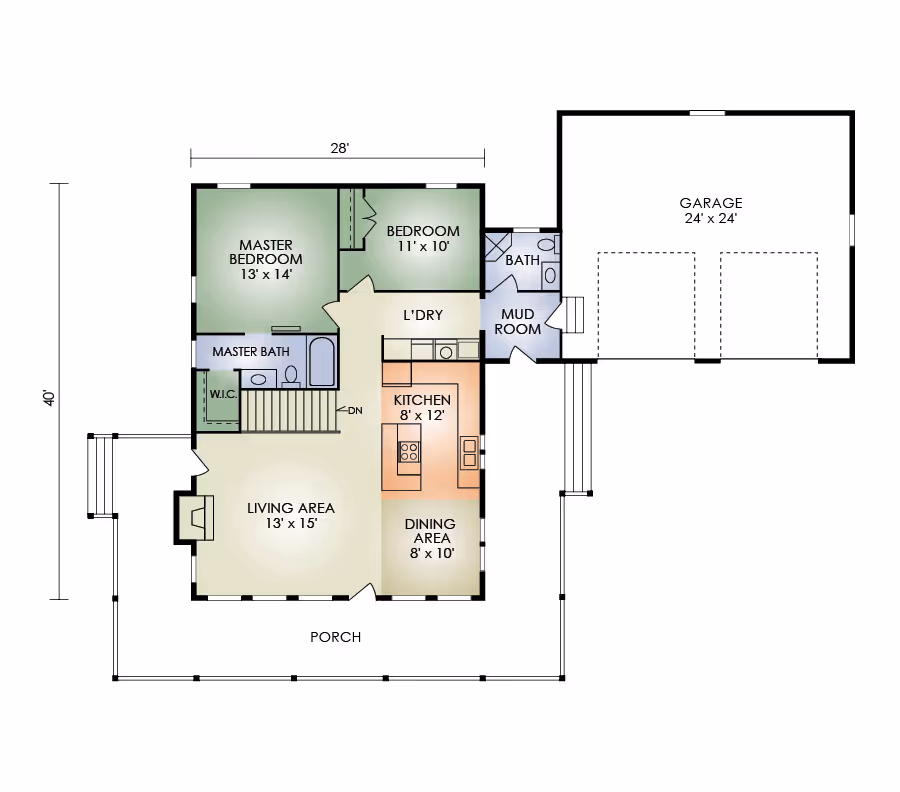 A beautifully designed log cabin with a spacious front porch, surrounded by lush green lawns and tall trees. The cabin features a sloped roof and large windows, creating a welcoming atmosphere in a serene natural setting.
