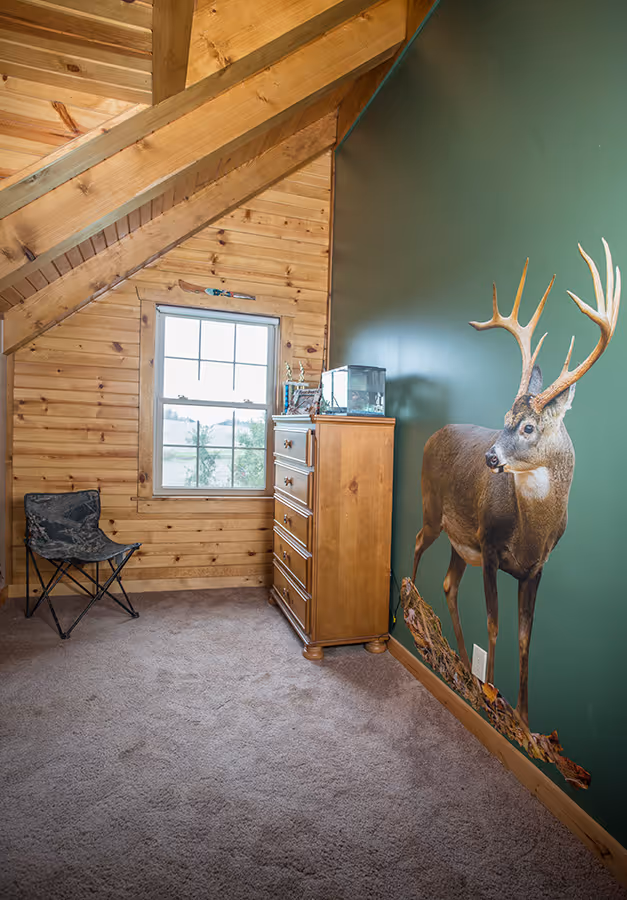 A cozy room featuring a wooden accent wall and a green wall with a large deer mural. A wooden dresser stands near a window, with a small chair in the corner, and natural light streaming in through the window.