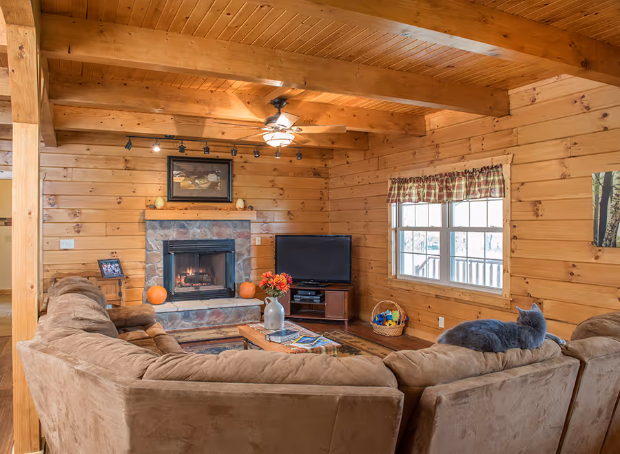 A cozy living room with wooden walls and beams, featuring a stone fireplace, a large brown sofa, and a flat-screen TV. Natural light filters through the windows adorned with plaid curtains. A grey cat lounges on the sofa, adding a homely touch.