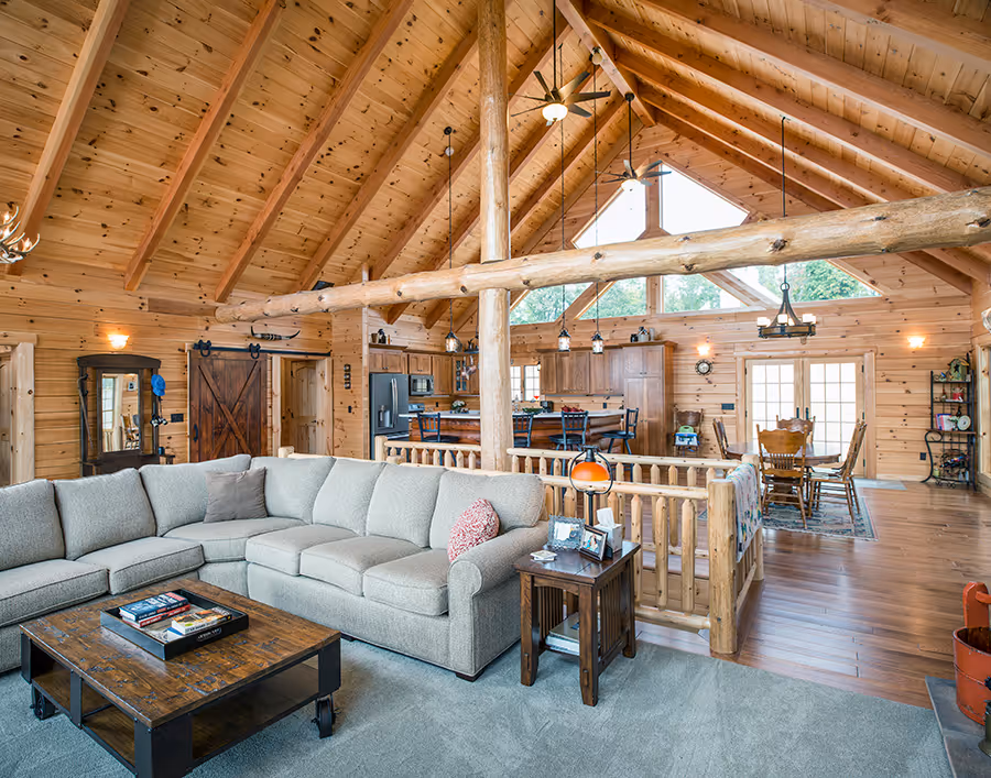 Custom Log Home - Living Room and Dining Area