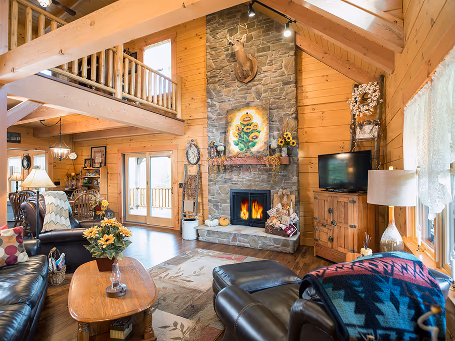 Stoker Log Home - Living Room Fireplace