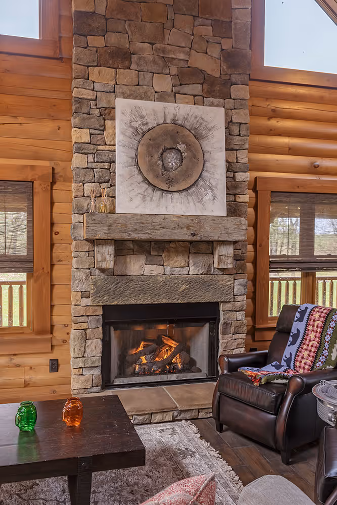 Nero Log Home - Living Room Fireplace