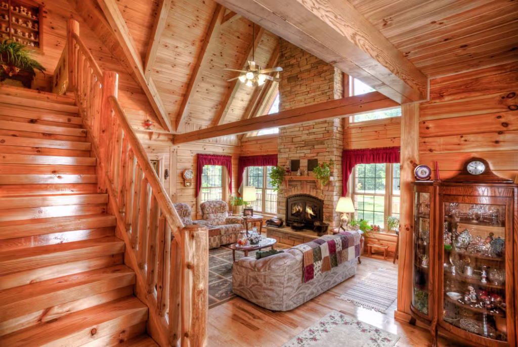 McGinnis Log Home - Stairs and Living Room
