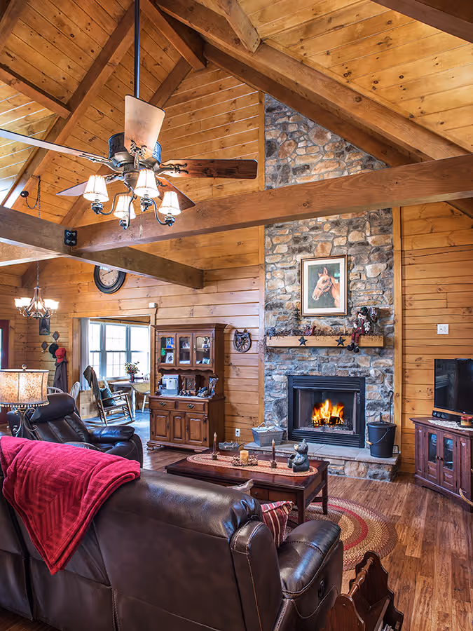 Thimmes Log Home - Living Room and Fireplace