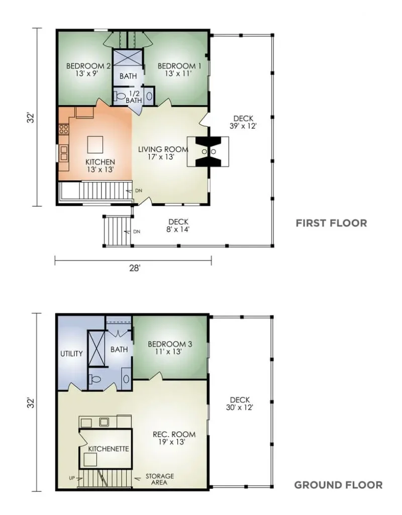 Floor plan layout of the Sleepy Hollow log home by Hochstetler Log Homes, showing three bedrooms, three and a half baths, great room, kitchenette, and multiple decks.