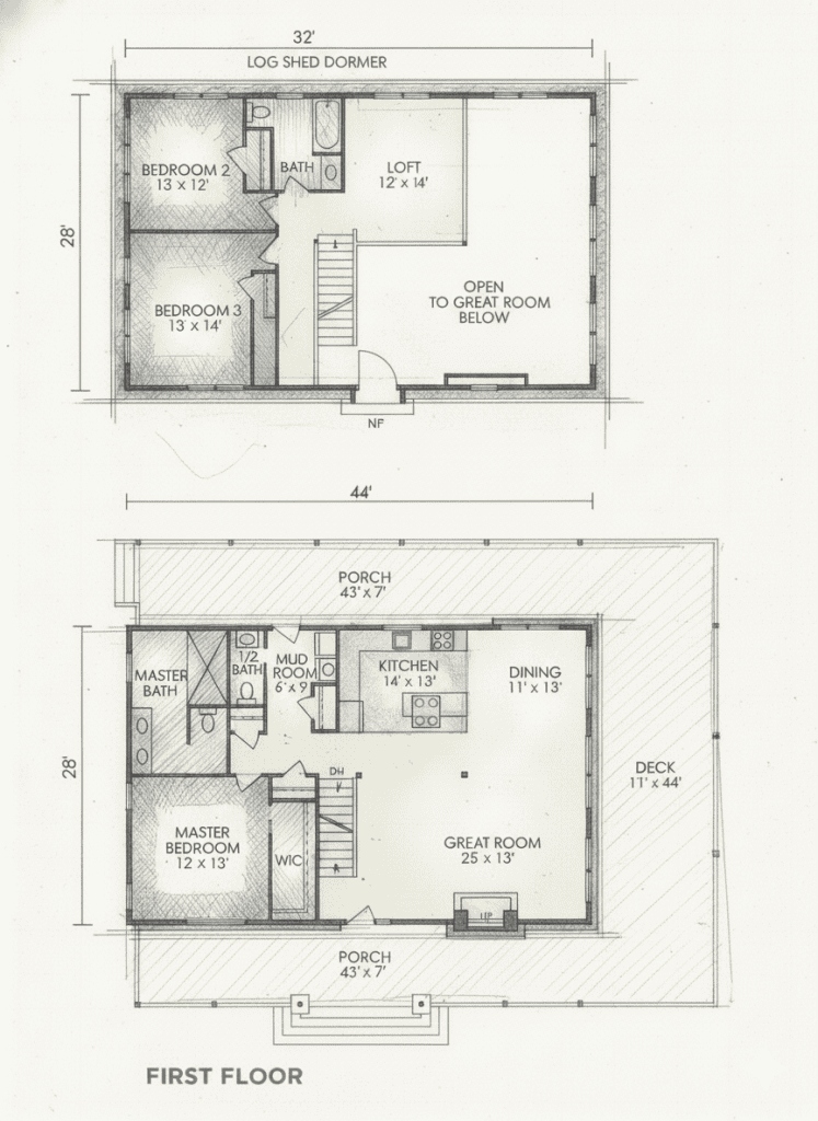 Detailed floor plan of Hochstetler Log Homes with first and second floors.