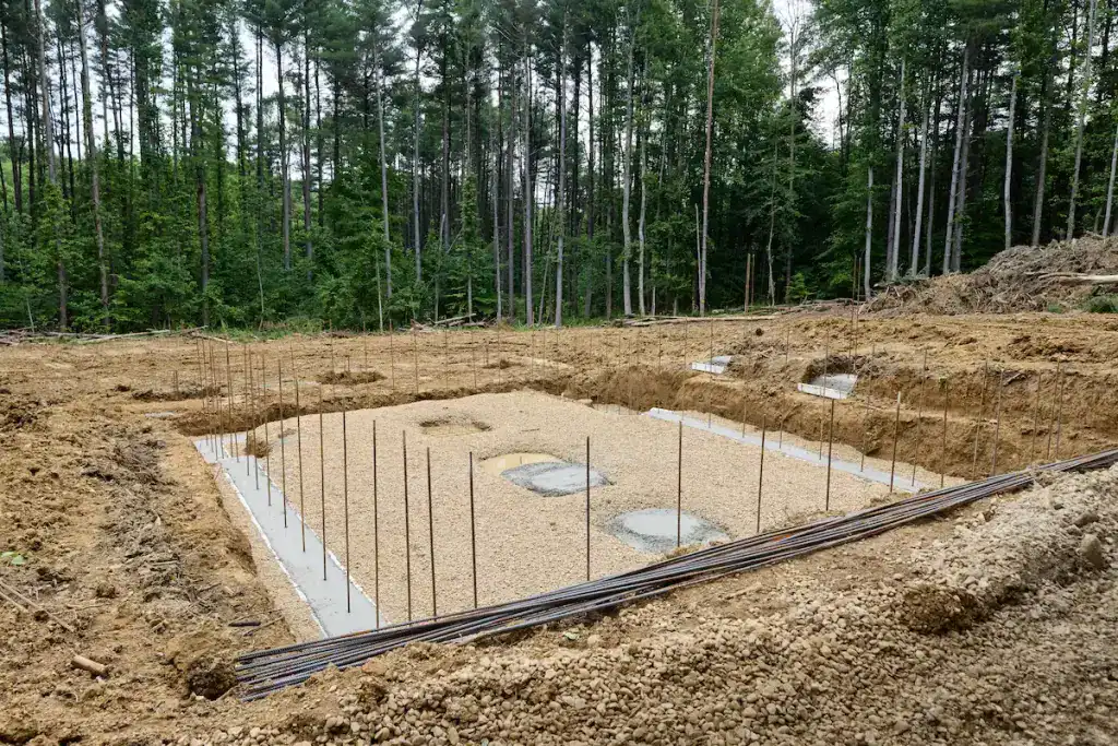 Construction foundation site with rebar and gravel for log home.