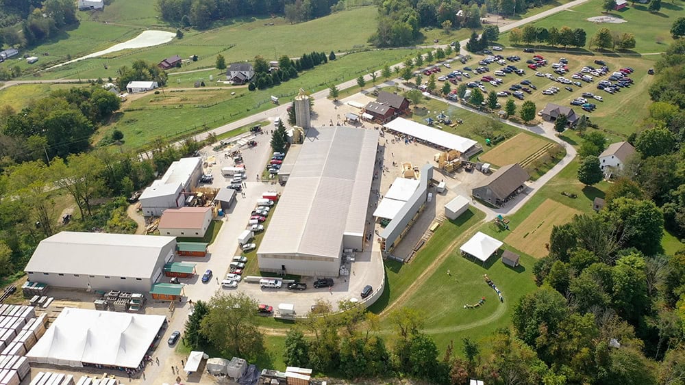 Aerial view of Hochstetler Log Homes manufacturing and storage facility.