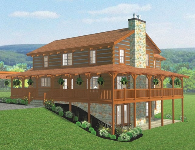 Beautiful log home with stone chimney and wraparound porch in scenic landscape.