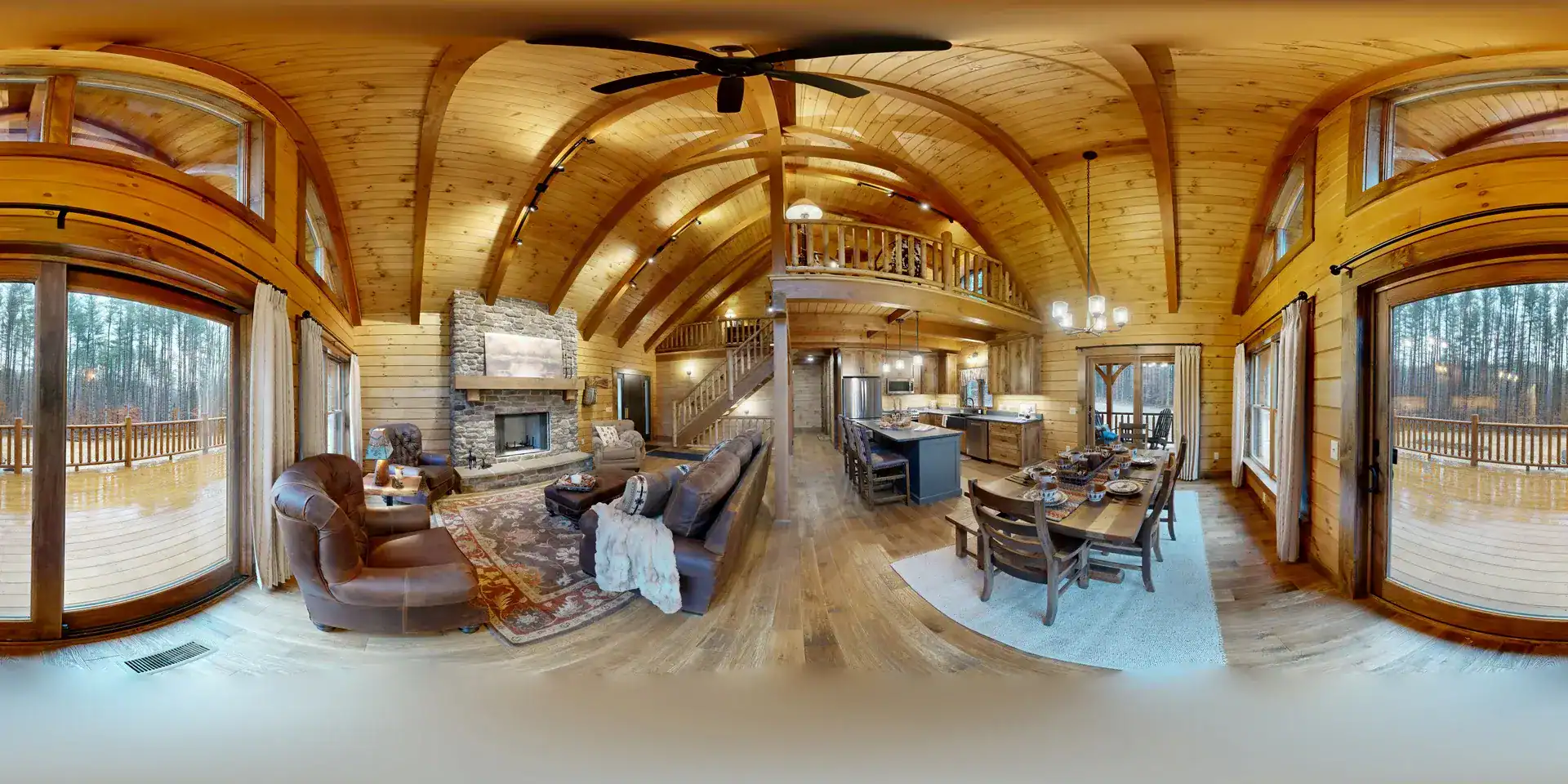 360-degree view of the log home interior as finishing details are installed