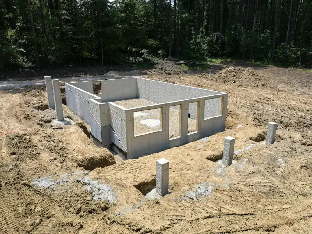 Concrete footings and foundation walls outlining the log home footprint