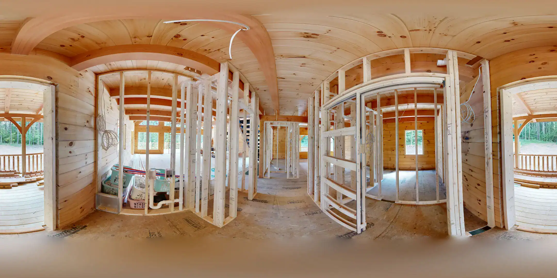 360-degree view of the log home interior during framing and systems installation